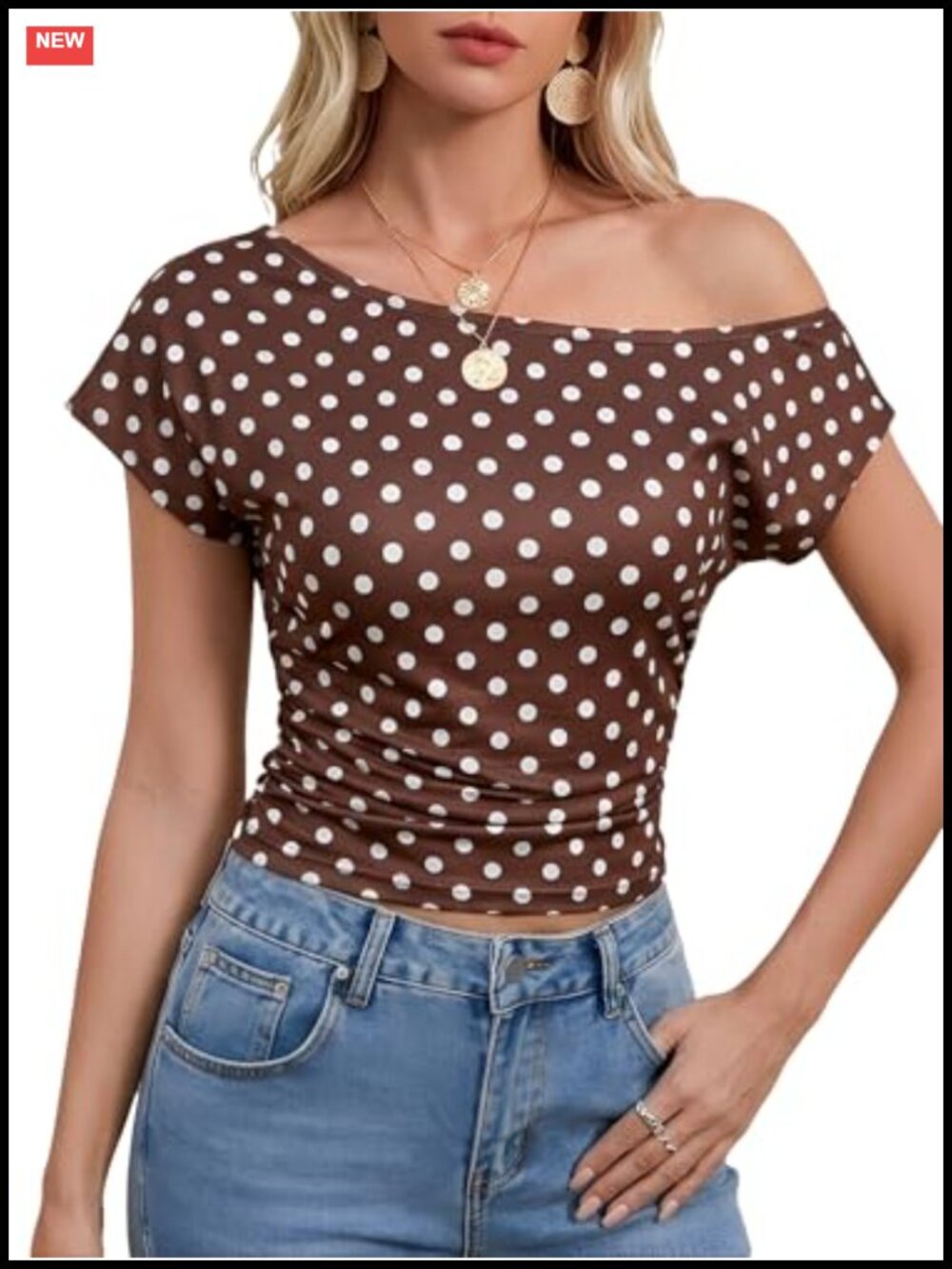 WDIRARA Women's Polka Dots Off Shoulder Ruched Cinched Waist Fitted T-Shirt